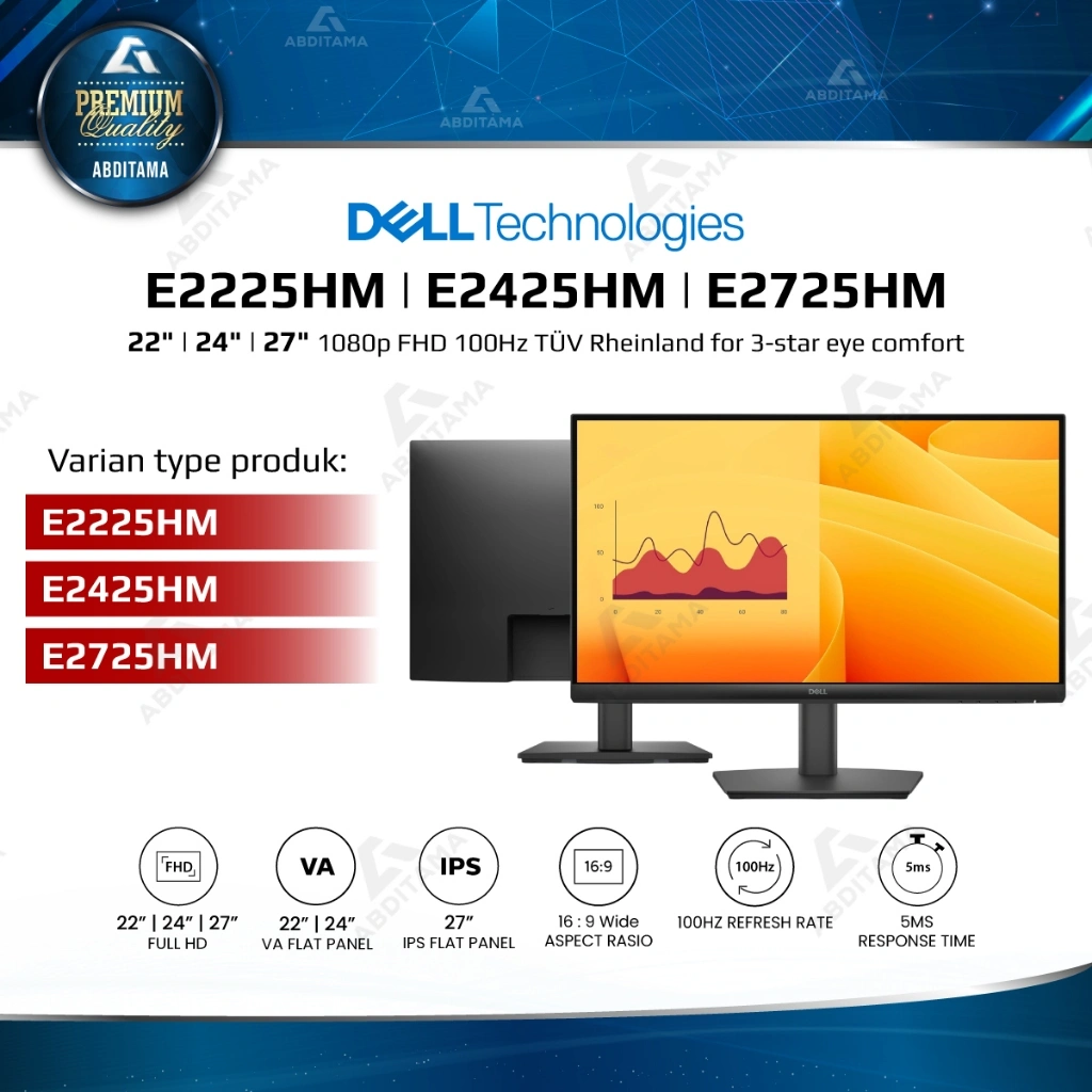 Monitor LED Dell Pro E2225HM 22" | E2425HM 24" | E2725HM 27" 1080p FHD 100Hz VGA x1 HDMI x1 DP x1 VESA 100x100mm Get the essentials to enhance productivity with this 21.5-inch fixed-stand monitor certified by TÜV Rheinland for 3-star eye comfort