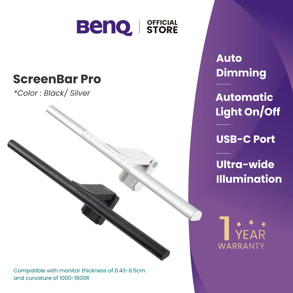 BenQ ScreenBar Pro LED Monitor Light Bar Lampu Monitor - Ultrawide Lighting, Motion Sensor, Adjustable Brightness/Color Temperature, Eye-Care USB-C Monitor lamp, No Glare, Space-Saving, Curved Monitors, Black