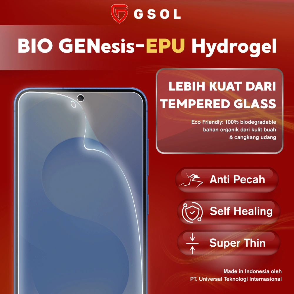 GSOL Bio Genesis Hydrogel Screen Protector Pelindung Layar HP Smartphone untuk iPhone Samsung Xiaomi Oppo Vivo Realme Infinix Huawei Anti Gores Ultra Clear Self Healing Premium Protector Ramah Lingkungan Eco Friendly Sustainable Recyclable Fingerprint