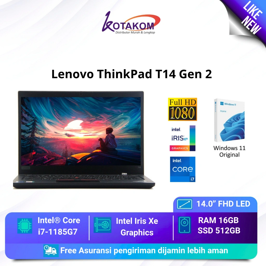 Laptop bisnis Lenovo Thinkpad T14 Core i7-1185G7 Ram 16GB SSD 512GB 14" FHD Windows 11 PRO Bergaransi