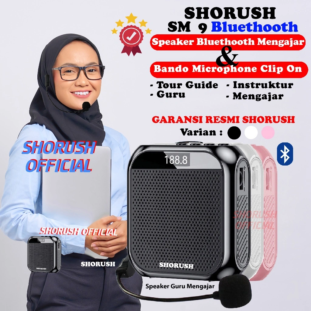 Shorush SM-9 Speaker Pinggang Portable Mini Bluethooth Dengan Microphone Mic Clip on Bando Pengeras Suara Untuk Guru Dosen Mengajar Instruktur TourGuide Presentasi Kegiatan Outdoor Seminar