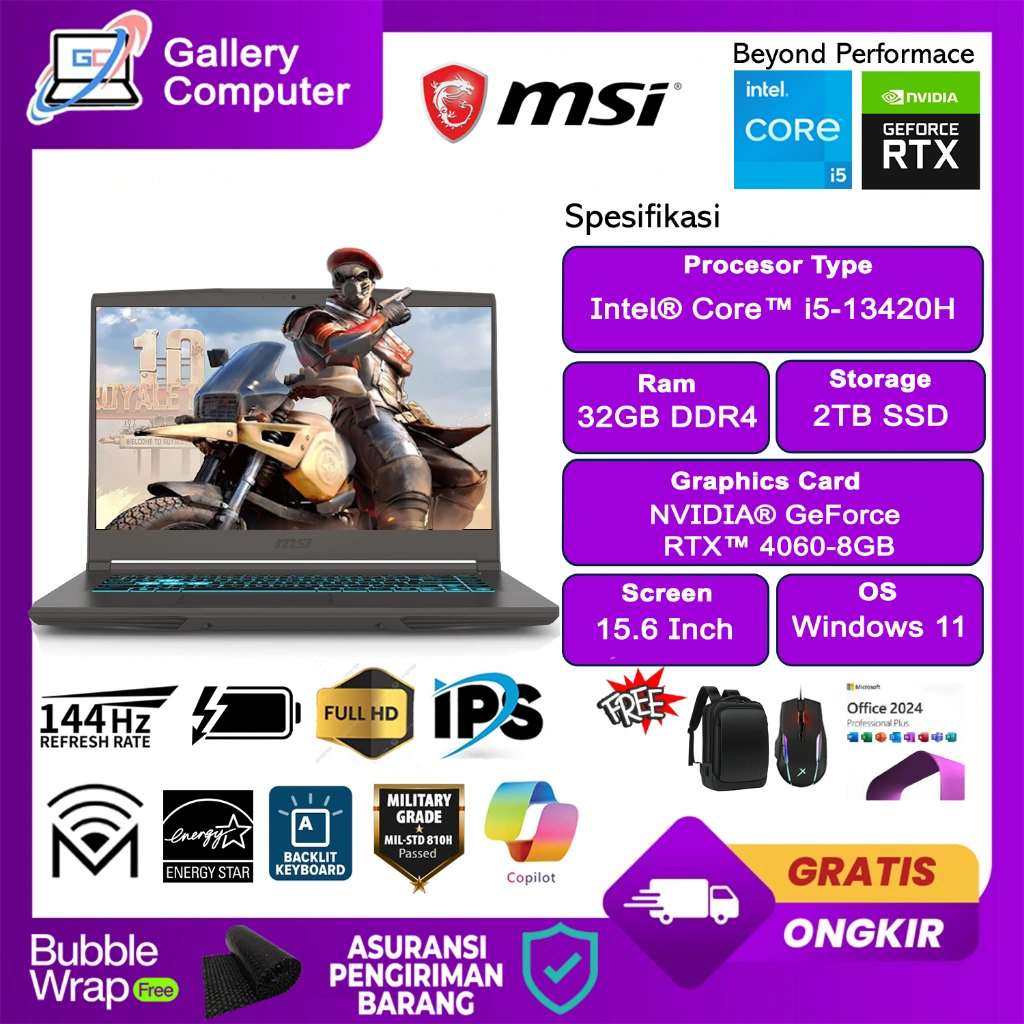 Laptop Gaming MSI THIN 15 B13VF Intel i5 13420H 32GB RAM 2TB SSD RTX4060-8GB FHD IPS 144Hz Windows 11 cosmos grey