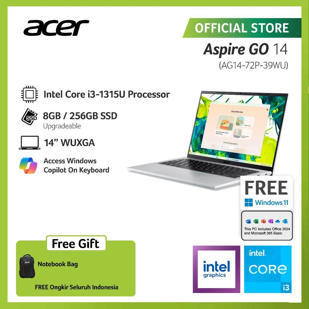 (BEST SELLER) ACER LAPTOP ASPIRE GO 14 AG14-72P-39WU 14" WUXGA INTEL CORE I3-1315U RAM 8GB STORAGE 256GB SSD INTEL UHD GRAPHICS WINDOWS 11