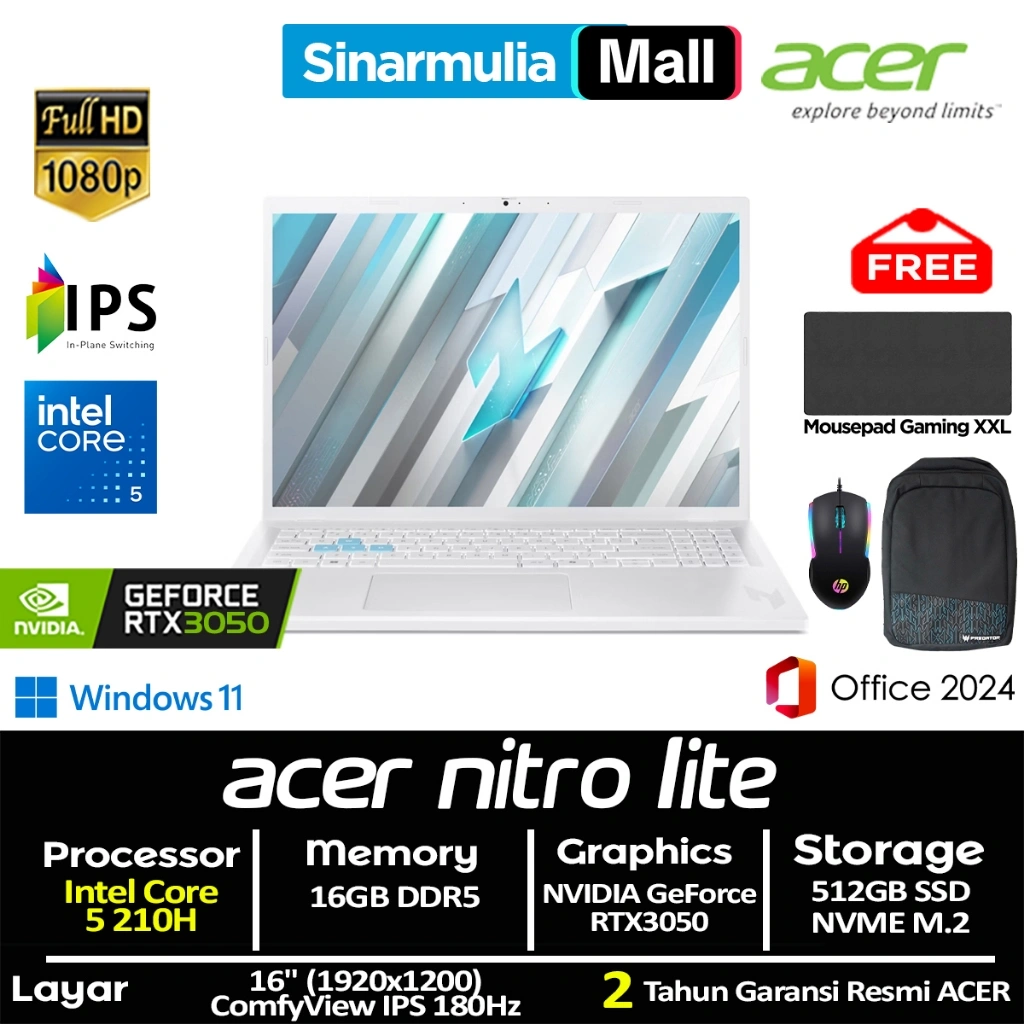 ACER Nitro Lite NL16-71G Core 5 210H RTX3050 512GB SSD 16GB FHD IPS 180Hz Win11+OHS