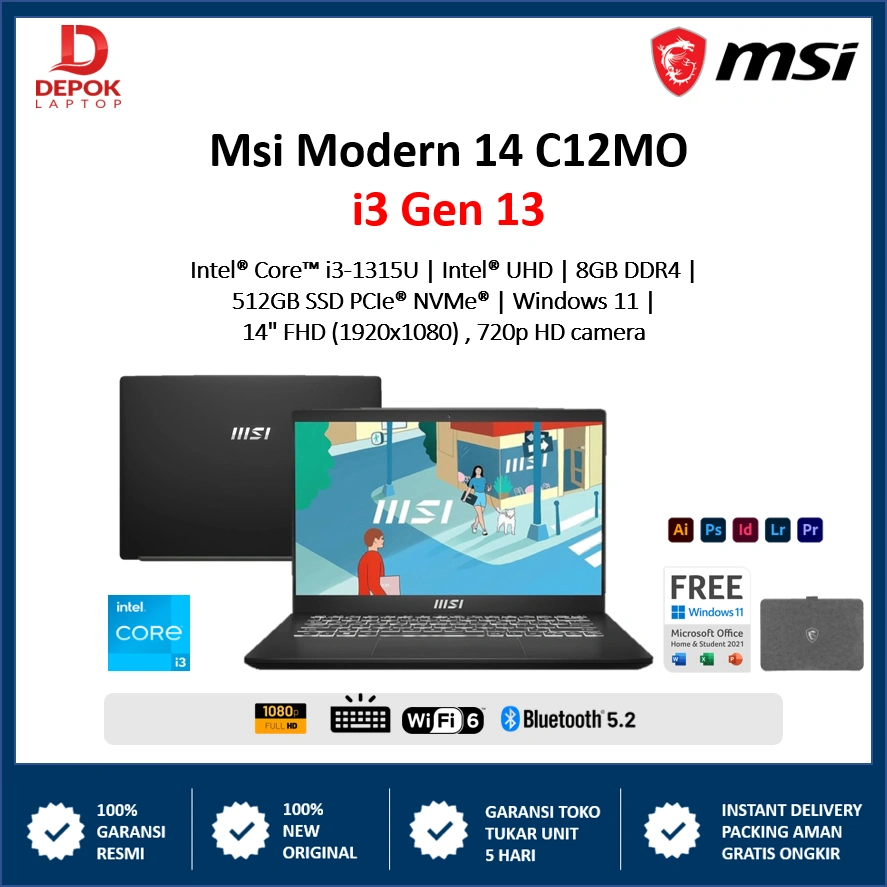 LAPTOP Msi Modern 14 intel Core i3 Gen 13 8GB 512GB SSD Windows 11 14 inci FHD IPS