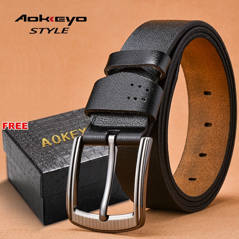 AOKEYO Ikat Pinggang Pria Kulit Sabuk Pria Kulit Sapi Asli Gesper Pria (Free Kotak+ Kartu Garansi)