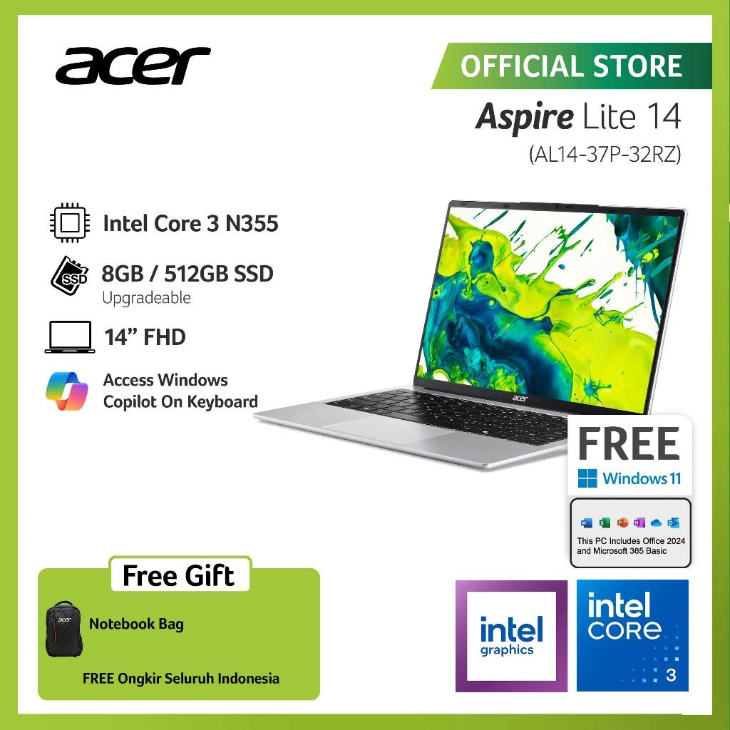 ACER LAPTOP ASPIRE LITE 14 AL14-37P-32RZ/AL14-37P-32AV/AL14-37P-36AW 14" FHD INTEL CORE 3 N355 RAM 8GB STORAGE 512GB SSD INTEL GRAPHICS WINDOWS 11