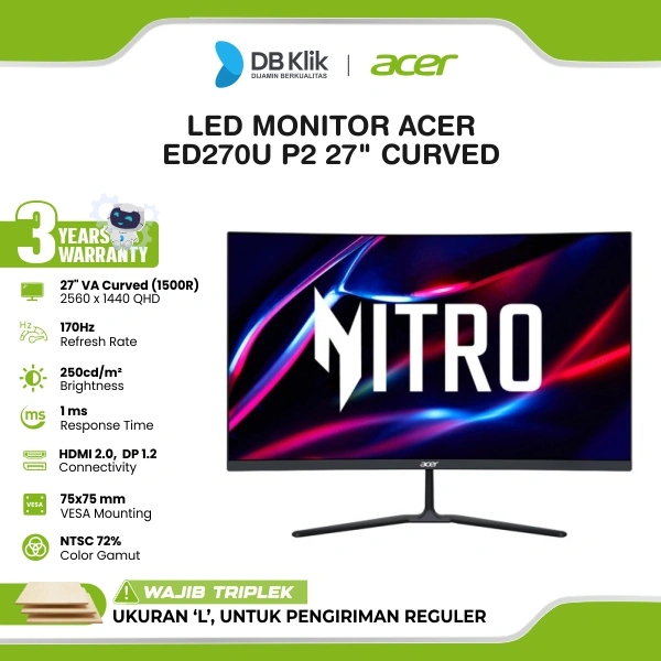 ACER Nitro ED270U P2 LED Monitor Gaming 27" Curved 1500R VA WQHD 170Hz 1ms AMD FreeSync HDR10 Built in Speaker HDMI DP