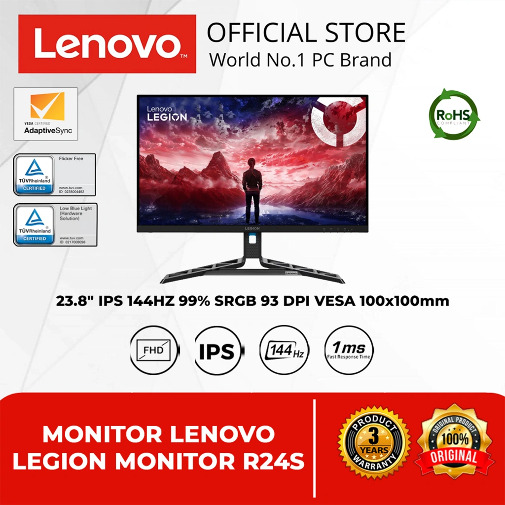MONITOR LENOVO LEGION MONITOR R24S 23.8" IPS 144HZ 99% SRGB 93 DPI VESA 100x100mm