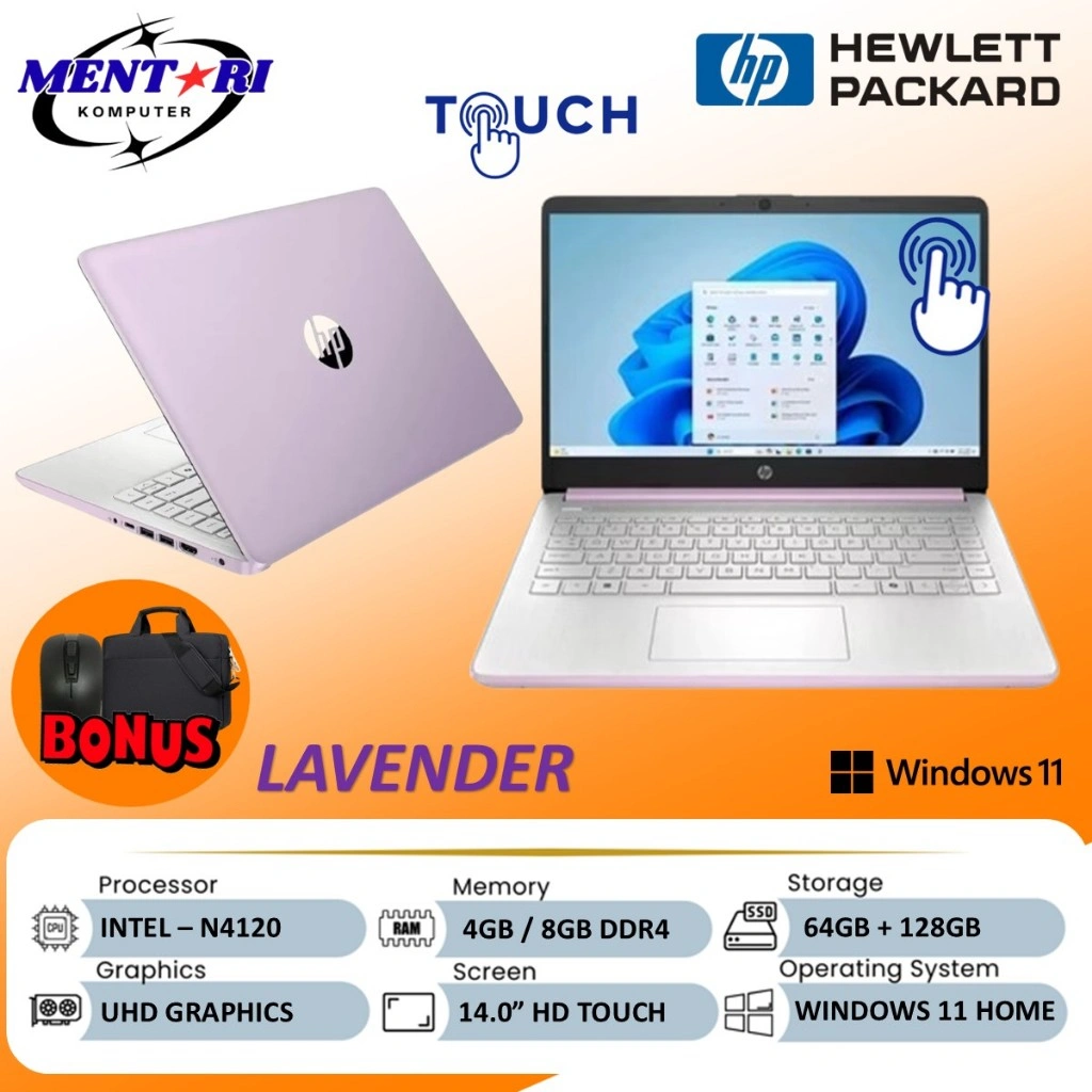 Laptop HP 14 Intel Celeron N4120 8GB 128GB TOUCHSCREEN Windows 11 Baru