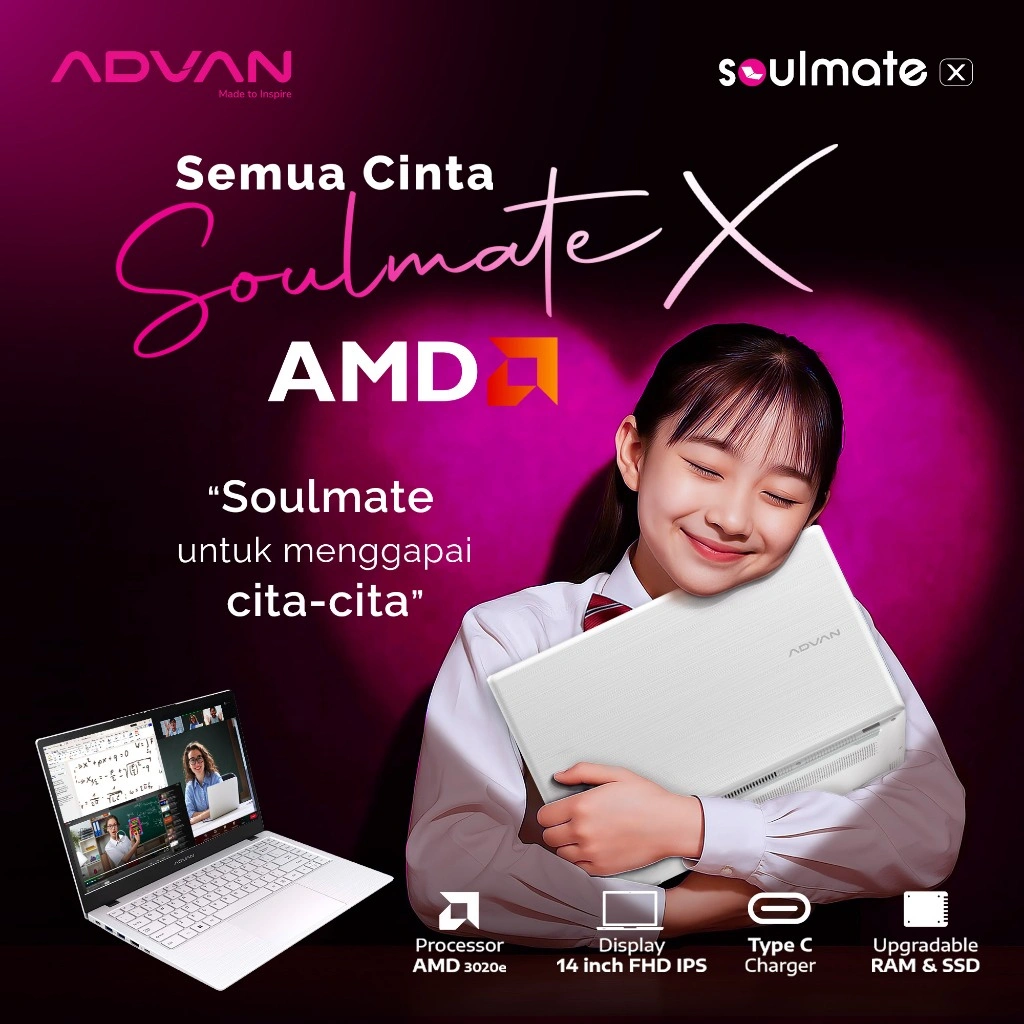 ADVAN Soulmate X | 14 Inch FHD | AMD 3020e | 4GB/128GB Upgradable | Slim & Elegant Design | Charger Type C | Free WINDOWS 11 Original | Garansi Resmi 1 Tahun