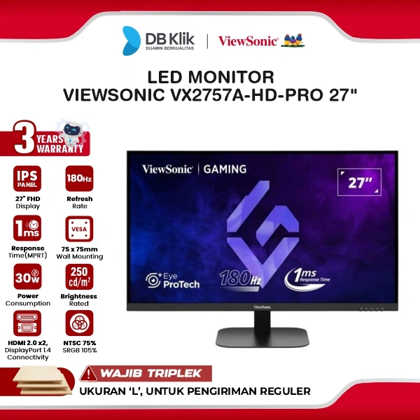 VIEWSONIC VX2757A-HD-PRO LED Monitor Gaming 27" IPS FHD 180Hz 1ms AMD FreeSync + NVIDIA G-Sync HDMI DP