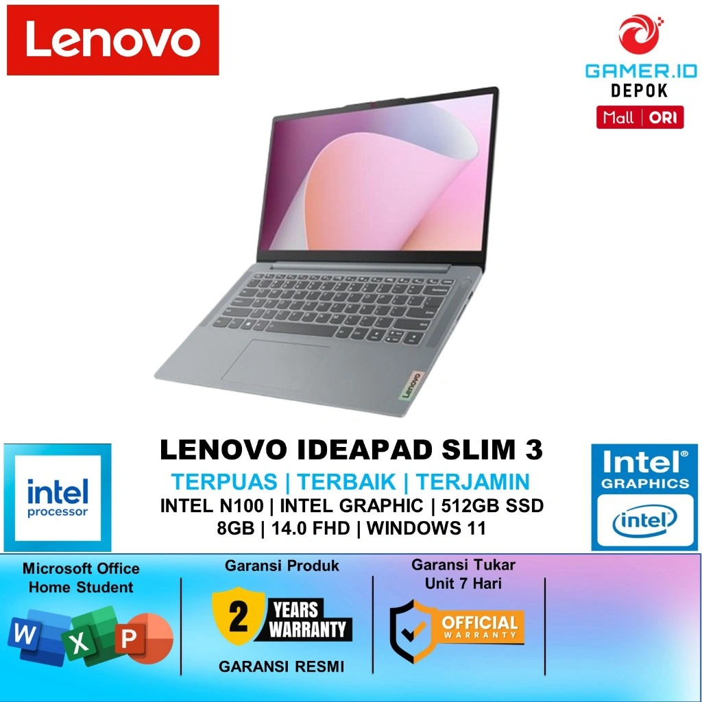 LENOVO IDEAPAD SLIM 3 14 INTEL N100 RAM 8GB SSD 512GB WINDOWS11 OHS FHD