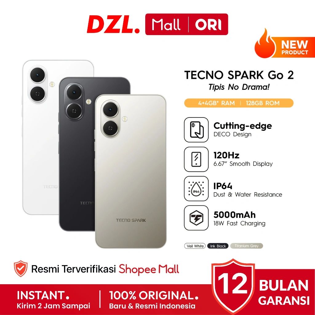 DZL - HP TECNO SPARK Go 2 4/128 4/64 3/64 GB Original Garansi Resmi Official Store Handphone Ori