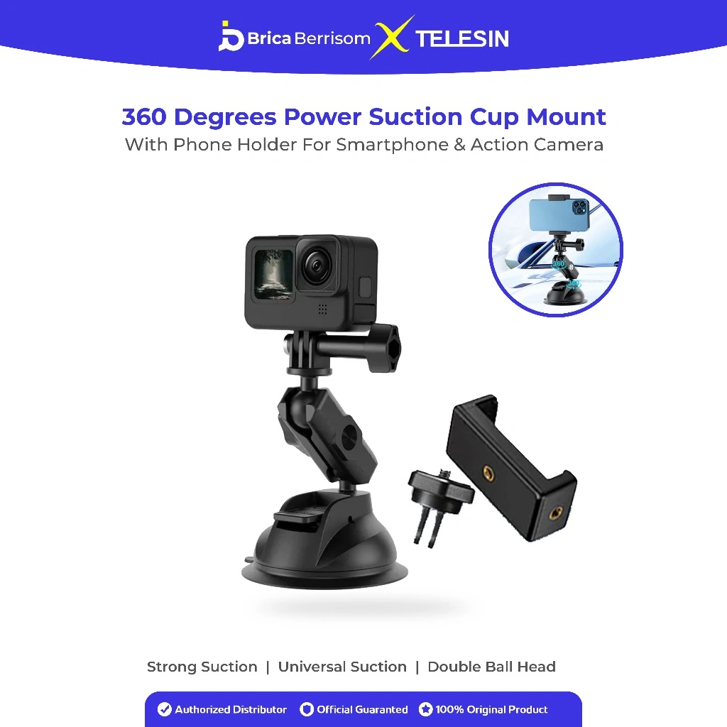 Telesin 360 Degrees Power Suction Cup Mount With Phone Holder For HP Smartphone Action Cam GoPro Brica B-Pro5 Xiaomi Yi SJCAM Kogan Insta360 Osmo Camera Kaca Dashboard Mobil