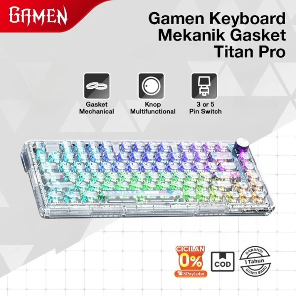 GAMEN Titan Pro Transparent Mechanical Keyboard Gaming Knob Multifunction RGB 3 Mode Hot-Swappable Ergonomic Design Keyboard Mekanik Transparan