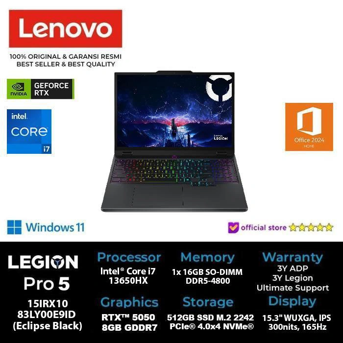 LENOVO LEGION 5 15IRX10-83LY00E9ID Core i7 13650HX 16GB 512GB 5050 W11 OHS 2024 M365 Eclipse Black