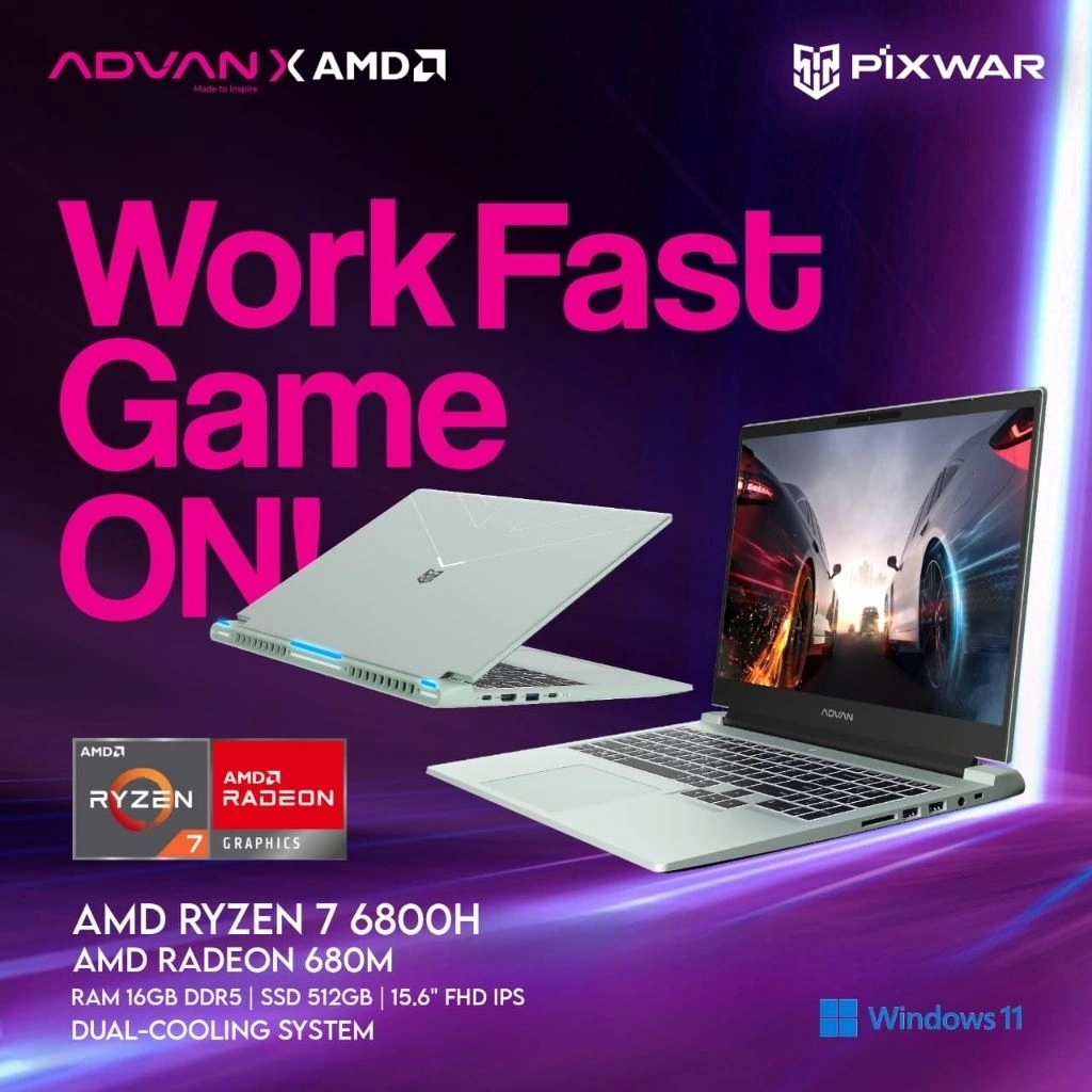 Advan Pixwar AMD Ryzen 7 6800H AMD Radeon 680M 15,6 Inch FHD IPS  16GB 512GB Gaming Laptop Advan