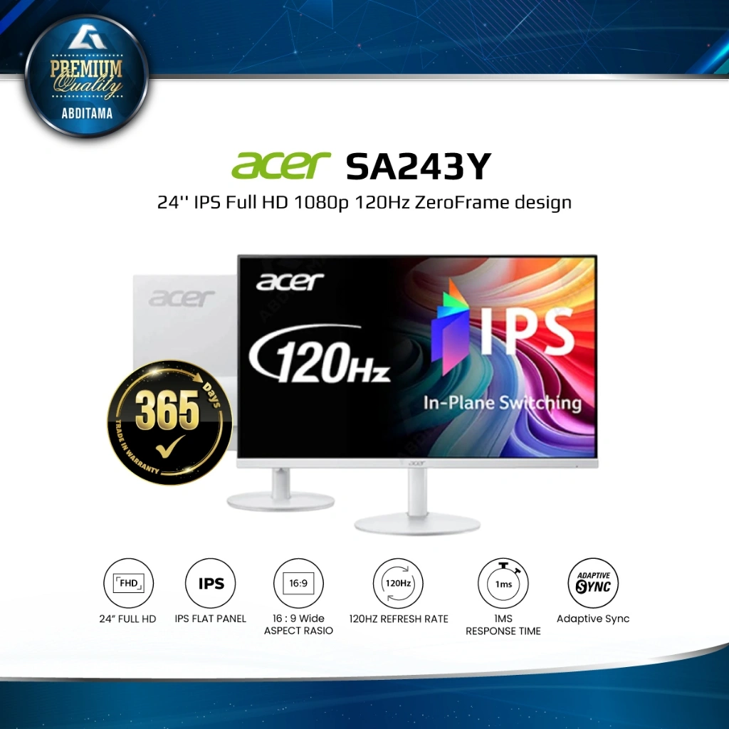 ACER SA243Y 24" IPS FHD 1080p 120Hz 1ms HDMI 1.4 x1 VGA x1 Monitor Ultra Thin ZeroFrame Eyecare VESA