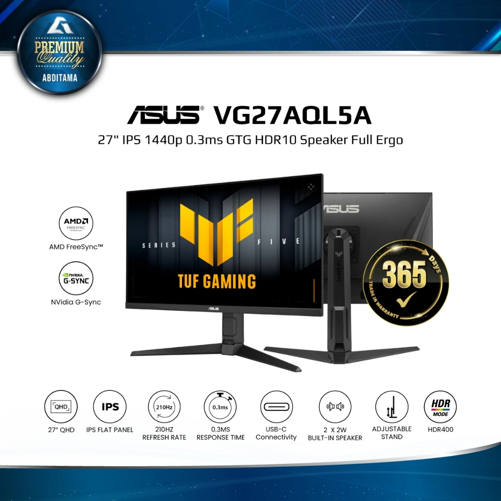 Monitor LED Asus VG27AQL5A 210HZ(OC) 27 Inch IPS 1440p 2K QHD 0.3ms GTG HDR10 Stereo Speaker Full Ergonomic Stand Pivot Swivel VESA 100x100mm FreeSync Premium delivers a seamless, tear-free gaming experience by enabling VRR