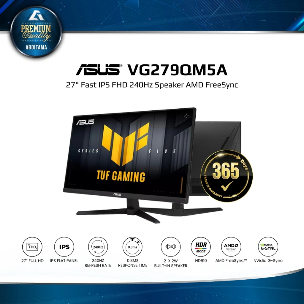 Monitor LED Asus VG279QM5A 27" Fast IPS 1080p FHD 240Hz 0.3ms HDMI 2.0x2 DP 1.4x1 Speaker VESA 100x100mm AMD FreeSync Premium G-SYNC Compatible TUF Gaming AI technology with AI-powered features to enhance users gaming experience