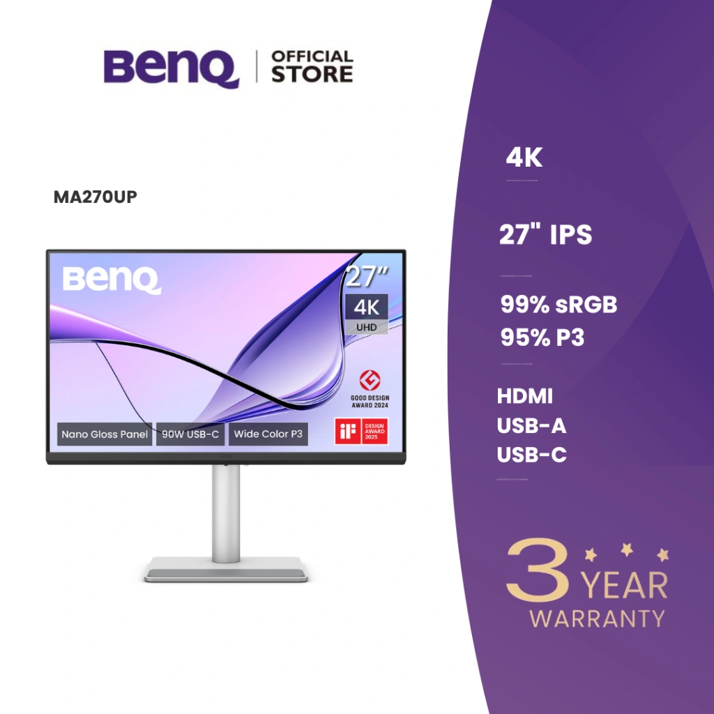 BenQ MA270UP 27” 4K 3840x2160 Nano Gloss Monitor for MacBook, Dual USB-C 90W/15W, Mac Color Match, USB Hub, Brightness & Volume Control on Mac, Height & Tilt Adjustable Stand, P3 Color Gamut