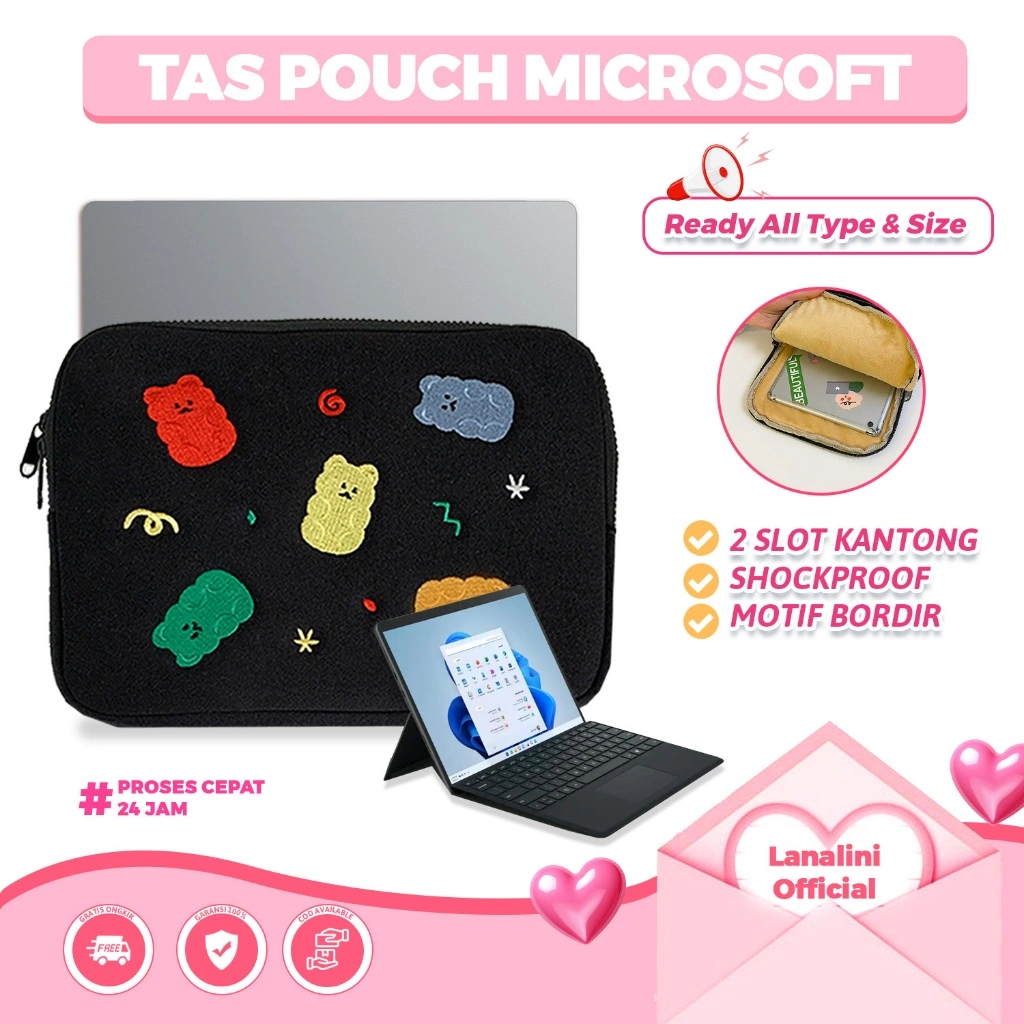 Tas Sleeve Laptop Tablet Microsoft Surface Pro 11 X 9 8 Go 10.5 11.6 13 Inch Tebal Nilon Premium Motif Colorful Bear Pouch Case Organizer Kantong Charger Mouse
