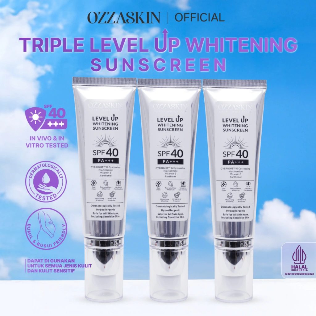 New Ozzaskin Level Up Whitening Sunscreen by Oki Setiana Dewi SPF40 PA+++ 50ml - Cybright, Niacinamide , Vitamin E, Melindungi dari Sinar UVA UVB & Blue Light,Tone Up Without Whitecast, Membantu Mengurangi Flek Hitam, Anti Aging, Mencerahkan Wajah