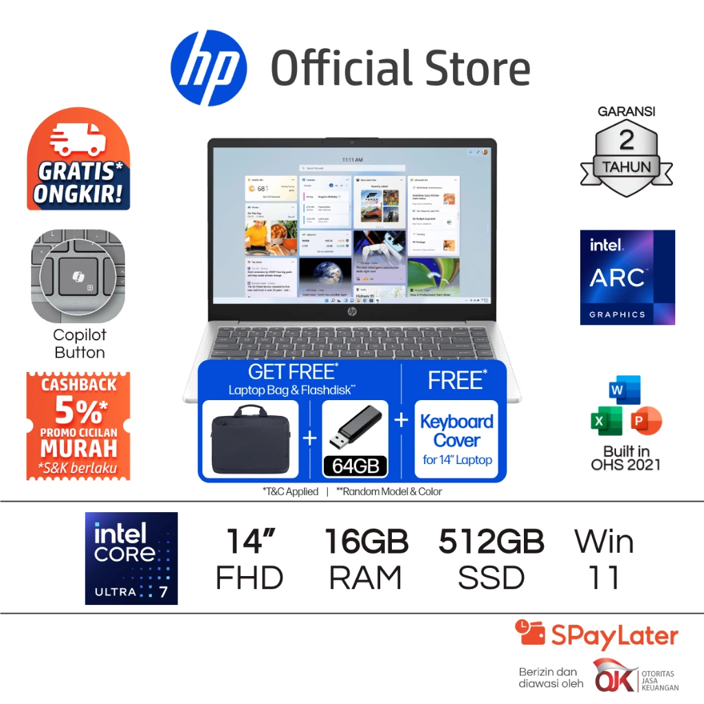 Laptop HP Intel Core Ultra 7 Arc 16GB RAM 512GB SSD Silver Windows 11 Home 14 Inch Garansi 2 Tahun Promo Murah Gratis Ongkir Official Non Second