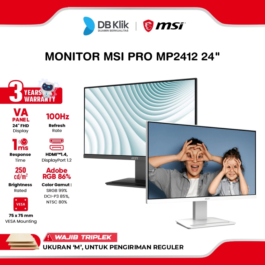 Monitor MSI PRO MP2412 | MP2412-W 24" FHD VA 100Hz 1ms Adaptive Sync HDMI DP