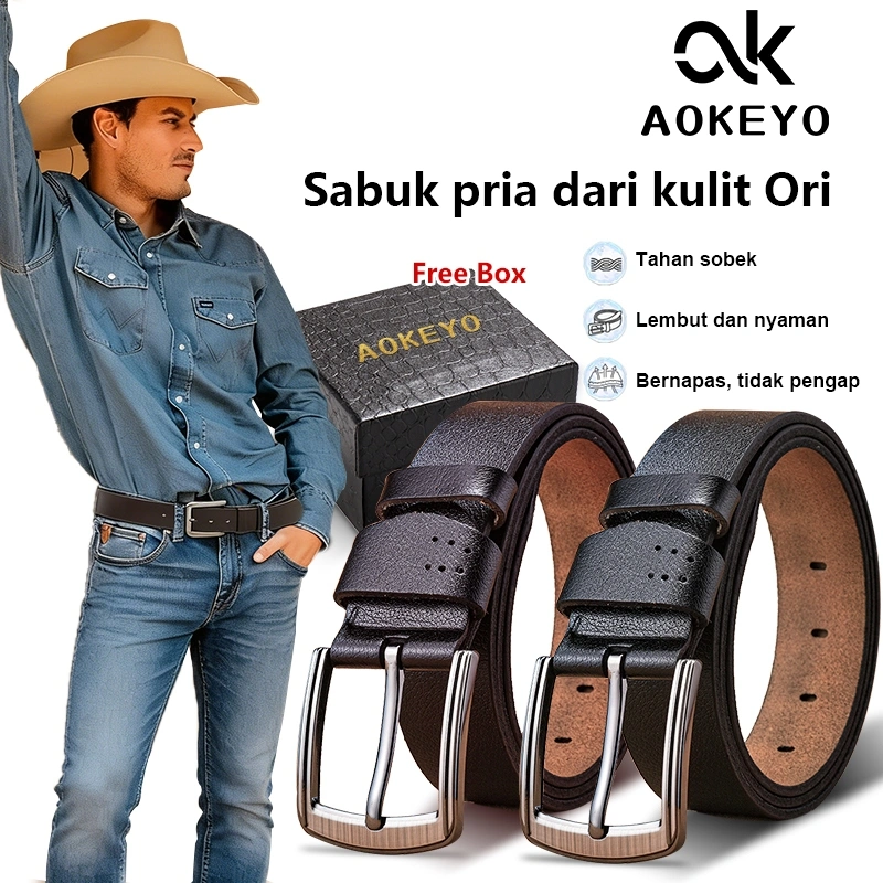 AOKEYO Ikat Pinggang Pria Kulit Sabuk Pria Kulit Sapi Asli Gesper Pria (Free Kotak+ Kartu Garansi)