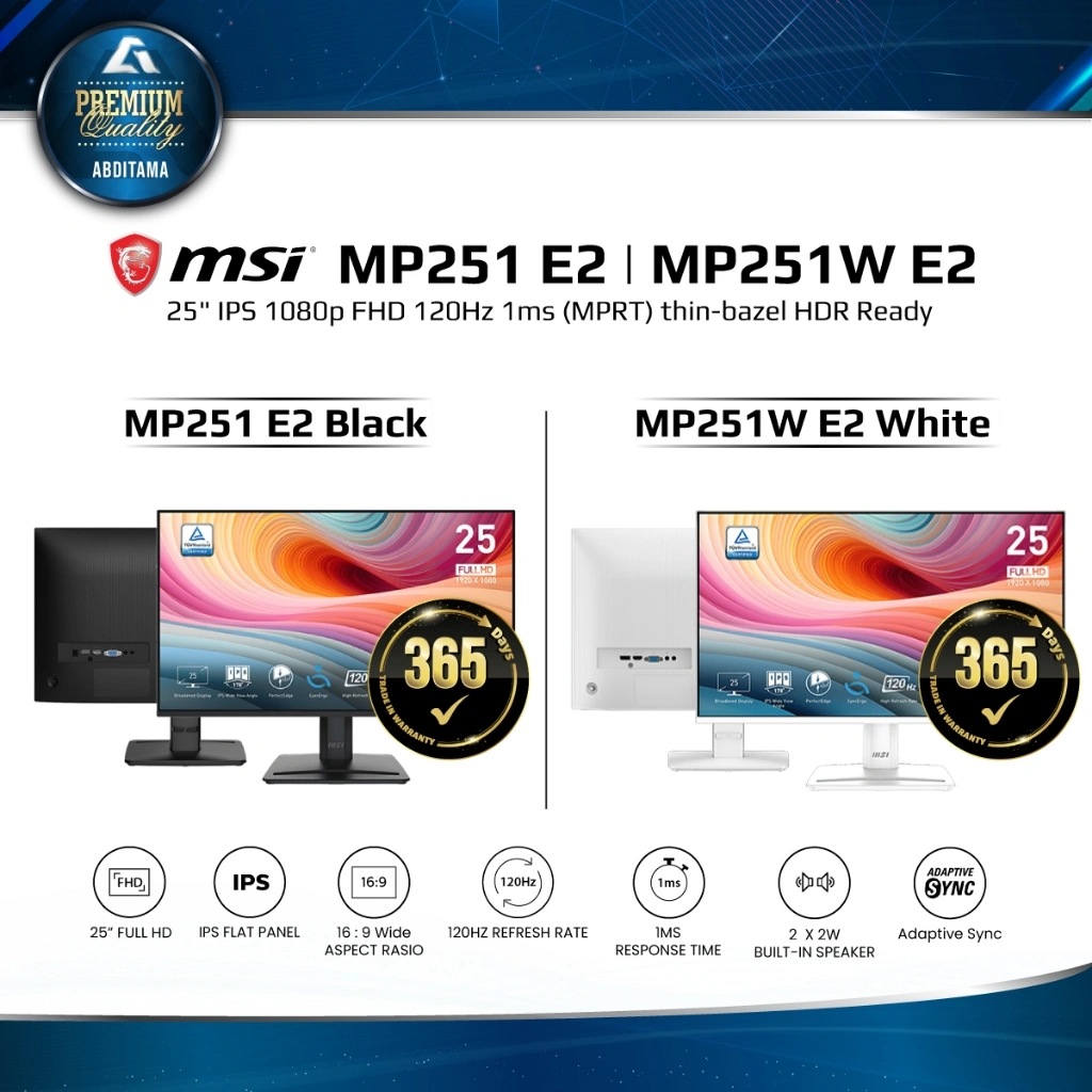 MSI MP251 E2 / MP251W E2 25 IPS FHD 120Hz 1ms HDMI 2.0x1 DP 1.4x1 Adaptive Sync