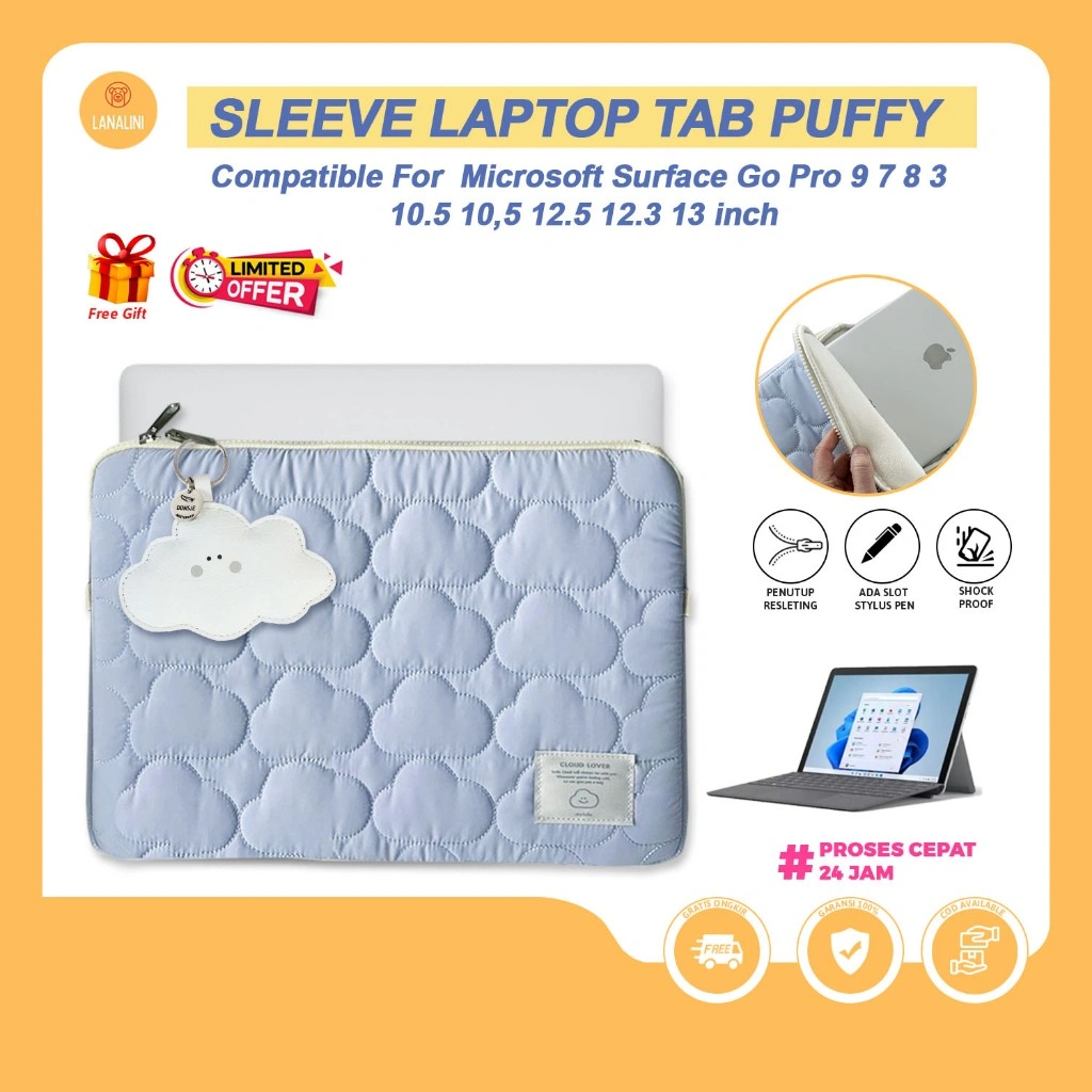 Tas Laptop Tab Wanita Korea Aesthetic Puffy Microsoft Surface Go 1 2 3 4 Pro 4 5 6 7 7+ Plus 8 9 10 X 11 Tablet Laptop 2 in 1 10 10.5 12.3 13 Inch Inci Sleeve Pouch Sarung safety Motif Kartun Awan Cloud Biru Blue Pastel