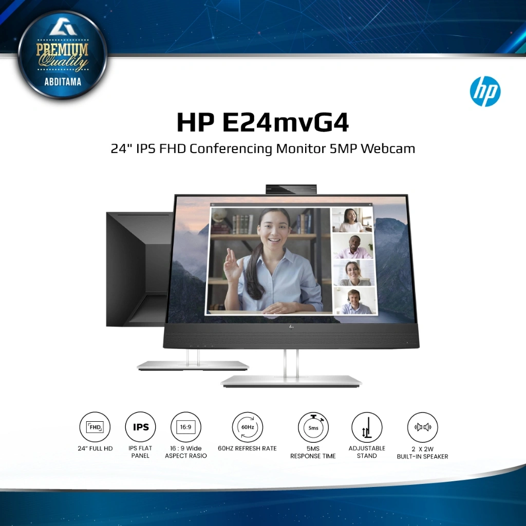Monitor LED HP E24MV 24" IPS FHD 1080p VGA HDMI DP Conferencing Monitor 5MP Tilt-Adjustable Pop-Up Webcam Display a Sharp Detail Picture Built-in Speakers and Mic Produce Clear Life-Like Sound Full Ergonomic Stand