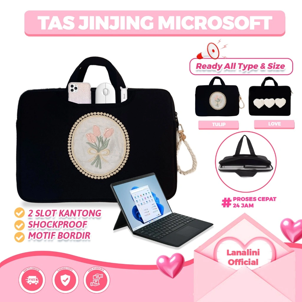 Tas Hand Bag Tablet Laptop Microsoft Surface Pro 11 X 10 Go Series 10.5 12 13 13.5 Inci Kuat Motif Bunga Tulip Love Bulu Cantik Sleeve Jinjing Tali Pendek