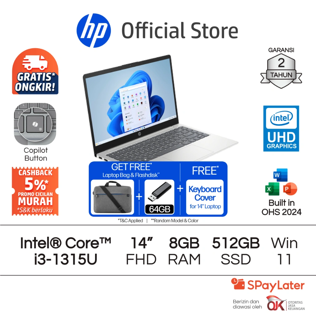 Laptop HP Intel Core i3 UHD 4GB / 8GB RAM 512GB SSD Blue / Gold / Silver Windows 11 Home 14 Inch Gen 12 Garansi 2 Tahun Promo Murah Gratis Ongkir Official Non Second