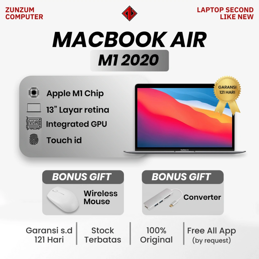 Macbook Air M1 2020 Retina 13 MGN63 Ram 8 GB SSD 256 GB Mulus LIKE NEW Bergaransi