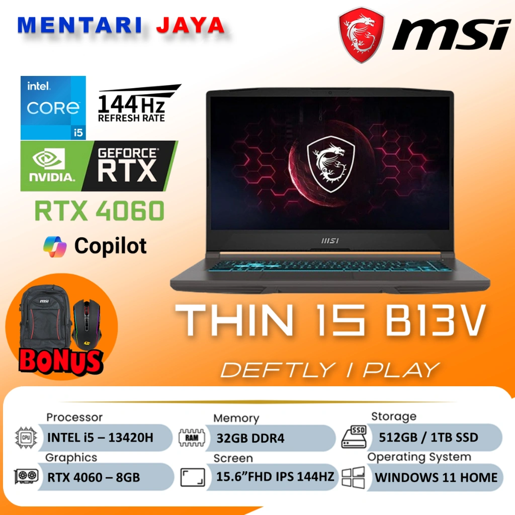 Laptop Gaming MSI Thin 15 Core i5 13420H 32GB 512GB RTX4060 8GB 144Hz Win11 Home