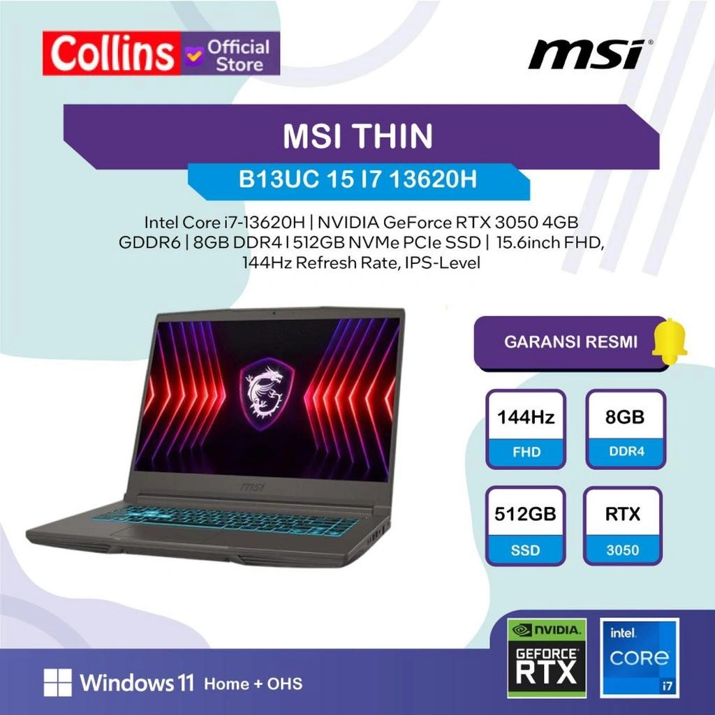 MSI Thin 15 Intel Core i7 13620H RTX3050 4GB/ RAM 8GB 512GB W11+OFFICE PRO 15.6FHD 144HZ BLIT 2Y GRY -B13UC.2407 Garansi Resmi MSI Indonesia