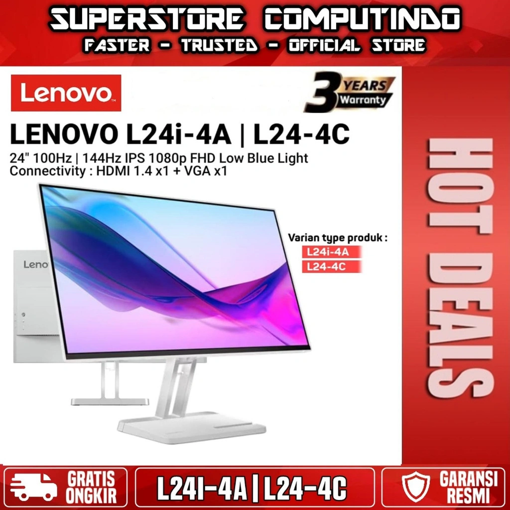 Monitor LED Lenovo L24i-4A 24" 100Hz | L24-4C 24" 144Hz IPS 1080p FHD HDMI 1.4x1 VGA x1 Speaker 99% sRGB Color Gamut Vesa 100x100mm Low Blue Light Technology for Eye Comfort Slim, Minimalist Design That Fits Any Workspace