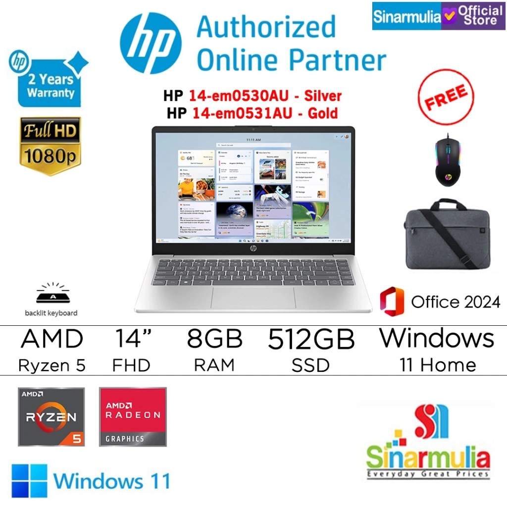 HP 14 Ryzen 5 7530U 512GB SSD 8GB FHD Win11+OHS - em0530AU/em0531AU
