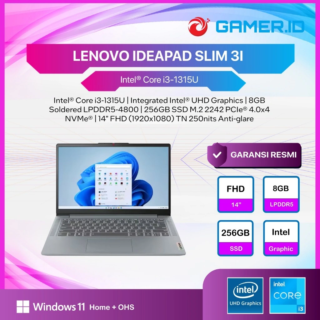 LENOVO IDEAPAD SLIM 3 14 I3 1315U 8GB 256GB/512GB W11+OHS+M365B 14.0FHD BLIT 2Y PREM+ADP GREY / BLUE