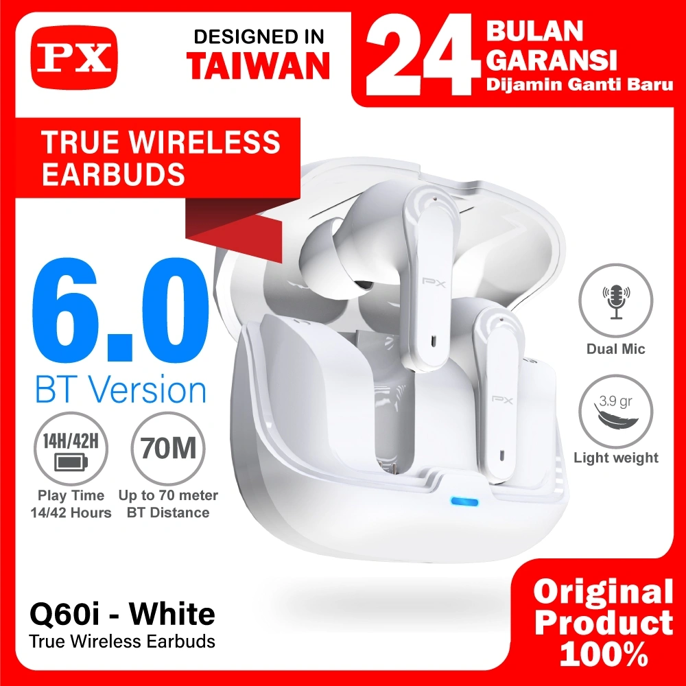 Headset TWS Earphone Bluetooth 6.0 Headphone Earbuds True Wireless PX Q60i - White