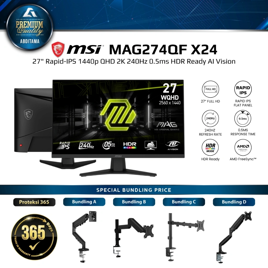 Monitor LED MSI MAG274QF X24 27" Rapid-IPS 1440p QHD 2K 240Hz 0.5ms HDMI 2.0x2 DP1.4ax1 VESA 100x100mm HDR Ready AI Vision Designed for competitive FPS First-Person RPG/MMORPG Flight Racing Simulator Genres challenging players to see beyond the game