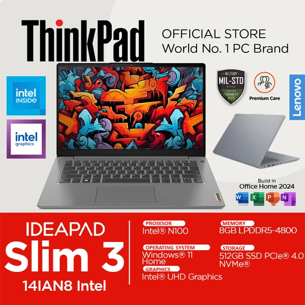 Lenovo IdeaPad Slim 3i Intel N100 8GB RAM 512GB SSD Windows 11 OHS 14 Inch FHD Laptop 62ID