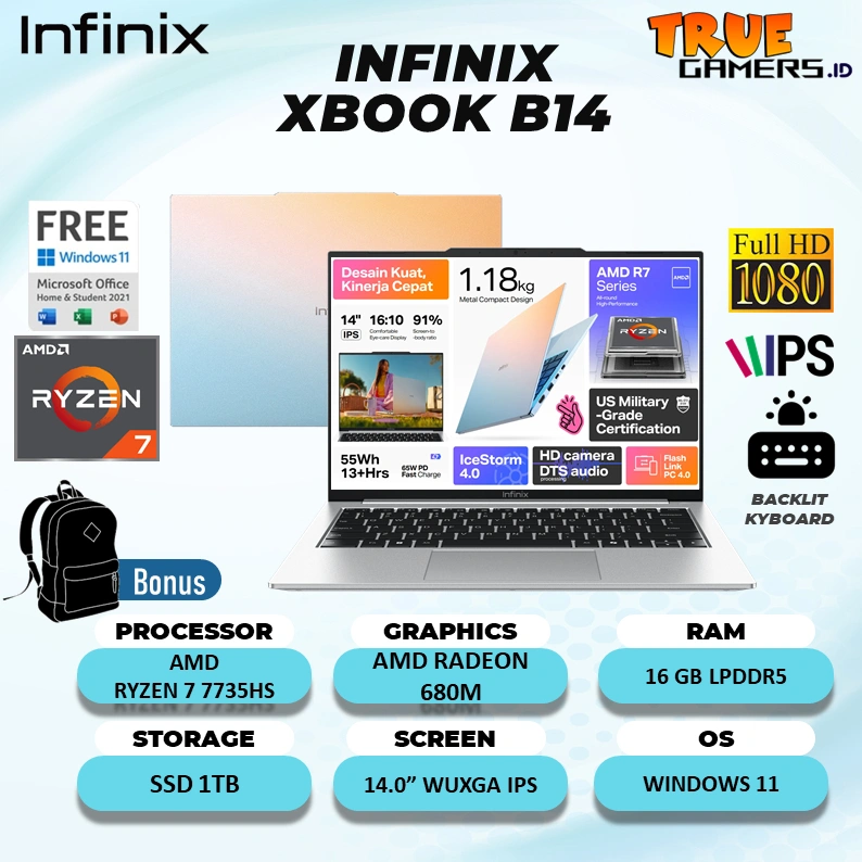 INFINIX XBOOK B14 RYZEN 7 7735HS RAM 16GB SSD 1TB WINDOWS 11 + OFFICE 14.0 INCH WUXGA IPS