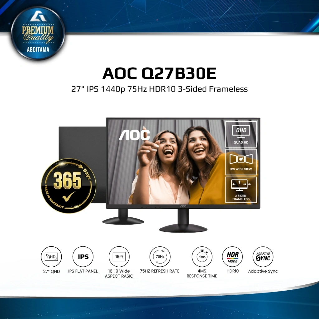 Monitor LED AOC Q27B30E 27" IPS QHD 1440p 75Hz HDR10 DP 1.4x1 HDMI 1.4x1 Vesa 100x100mm 3-Sided Frameless Reducing shortwave blue light output for healthier eyes