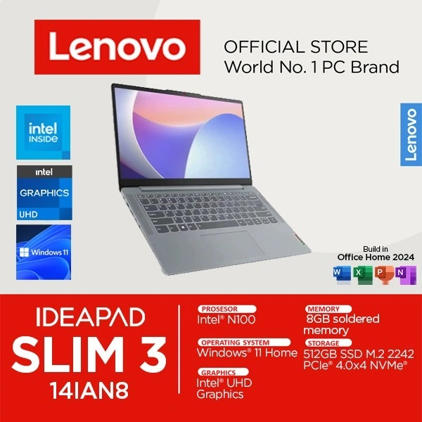 LENOVO IDEAPAD SLIM 3 14IAN8 N100 8GB 512GB W11+OHS 14.0FHD 2Y PREM GREY -62ID