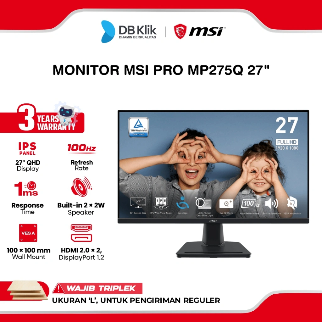 MSI PRO LED Monitor MP275Q 27" IPS WQHD 100Hz 1ms Adaptive Sync Built in Speaker HDMI DP