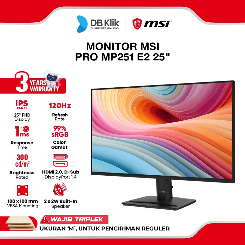 MSI LED Monitor MP251 E2 25" IPS FHD 120Hz 1ms Adaptive Sync HDR Built in Speaker HDMI VGA DP
